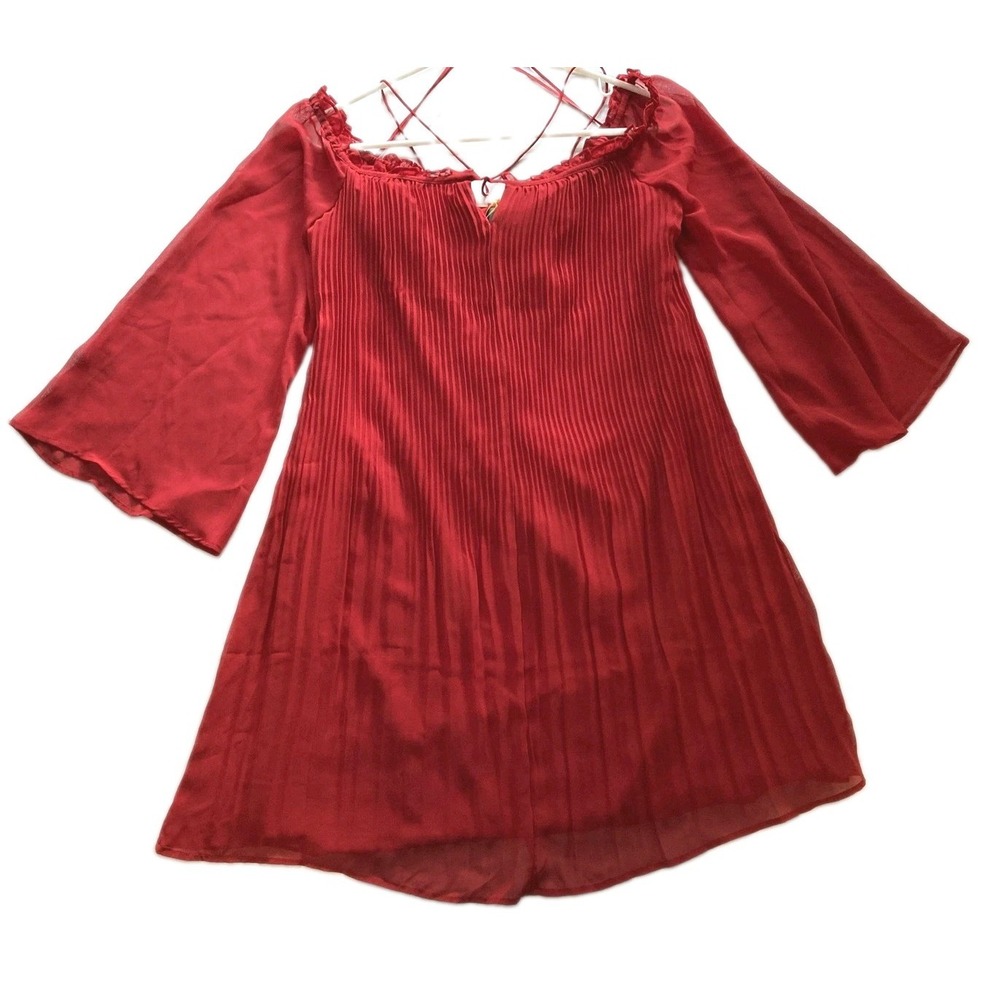 CeCe Dress Women 10 Red Off Shoulder Pleated Chiffon Swing Bell Sleeve NWT